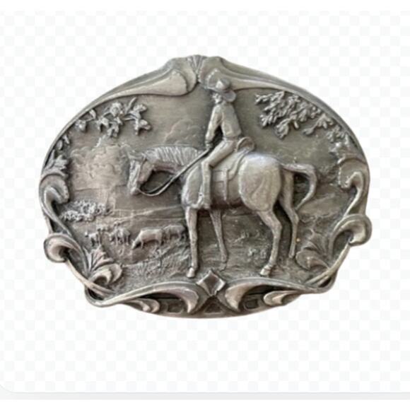 Vintage 1985 Bergamot Brass Works "The American Rancher" Cowboy Belt Buckle - Picture 1 of 5